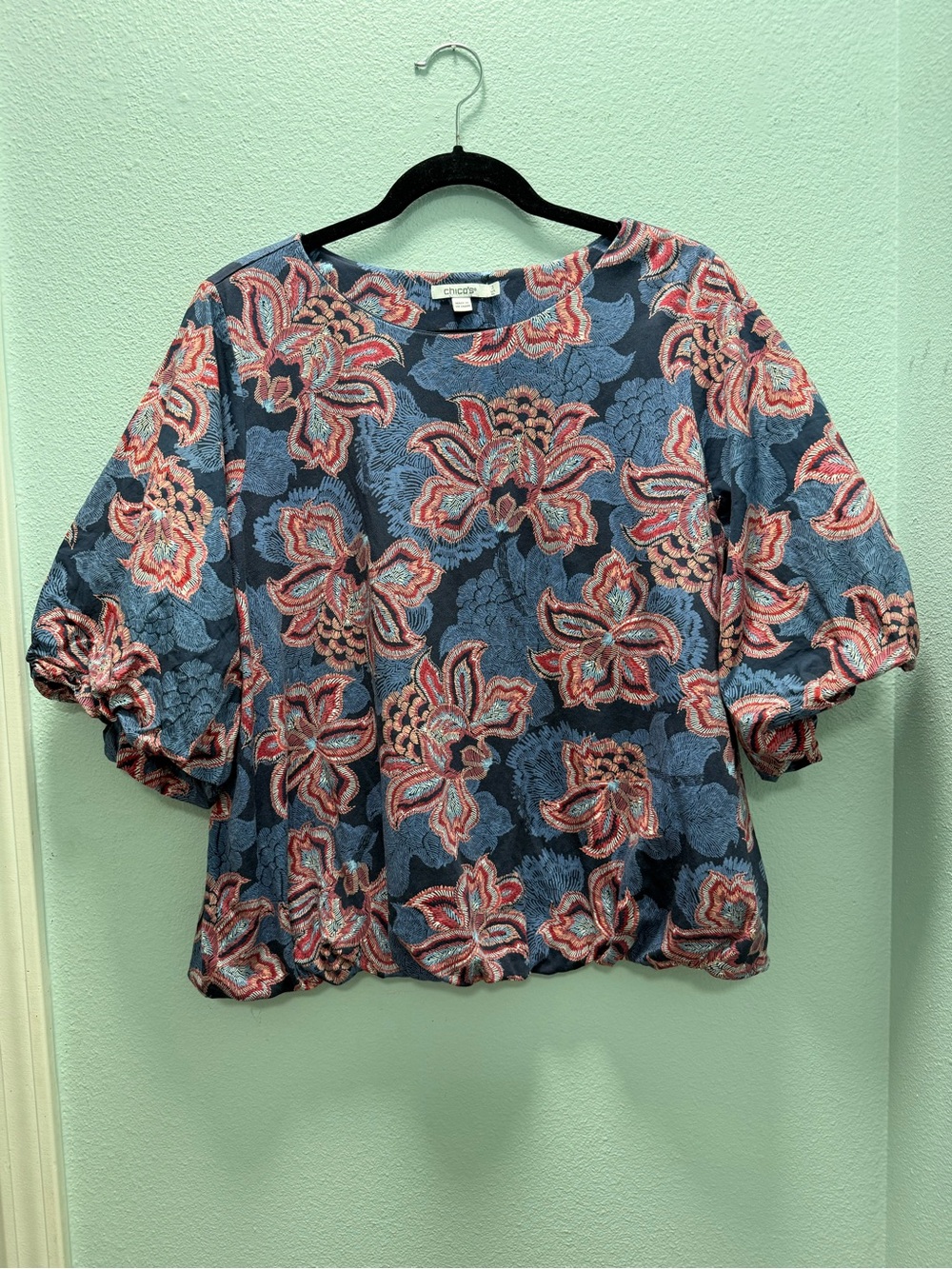 Chico's Blue Floral Puff-Sleeve Top Size XL